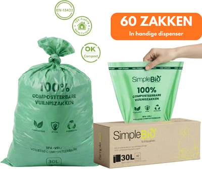 Biozakken 30 liter - 60 stuks biologisch afbreekbare afvalzakken - 72 x 54cm - GFT zakken - 100% composteerbare afvalzakjes - incl dispenser - gft afvalzakken - composteerbare afvalzakjes 30 liter - composteerbare afvalzakjes gft