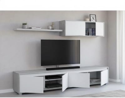 Moderne TV-meubelset met vier deuren, wandmodule en plank, Beton en Wit