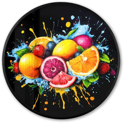 Poster in lijst Rond - Fotolijst 60x60 cm - Posters - Fruit - Graffiti - Kleurrijk - Sinaasappel - Aardbei - Abstract - Ronde posterlijst zwart - Decoratie - Wanddecoratie woonkamer - Muurdecoratie slaapkamer