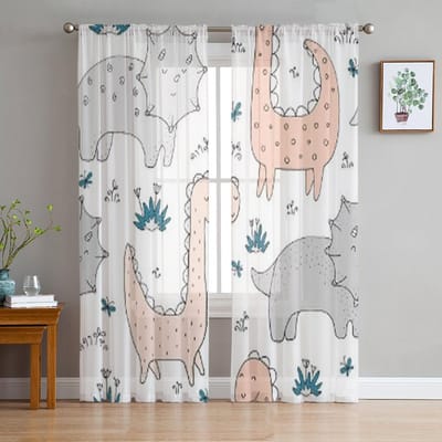 Grappige Dinosauriërs Tule Gordijnen Voor Woonkamer Transparant Gordijn Slaapkamer Sluier Organza Decoratieve Raambekleding 135W x 114H(cm) white