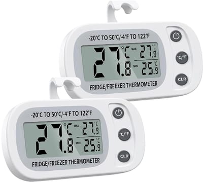 Set van 2 witte digitale koelkastthermometers, waterdicht, met functie voor het registreren van de hoogste en laagste temperatuur in de vriezer en het vriesvak, lcd-scherm, met haak en magnetische achterkant (knop) voor thuisgebruik.
