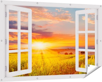 Gards Tuinposter Doorkijk Zonsopgang op het Maïsveld - 150x100 cm - Tuindoek - Tuindecoratie - Wanddecoratie buiten - Tuinschilderij