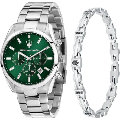 Maserati - Attrazione - R8853151017 - herenhorloge - giftset - + armband - zilverkleurig - groen - 43 MM - Roestvrij staal