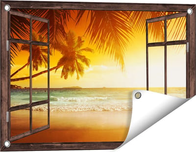 Gards Tuinposter Doorkijk Tropisch Strand tijdens Zonsondergang - 60x40 cm - Tuindoek - Tuindecoratie - Wanddecoratie buiten - Tuinschilderij