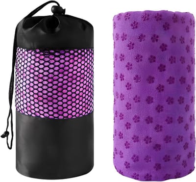 Yoga Handdoek met Antislip Dots, Zweetabsorberend en Sneldrogend, Perfect voor Yoga en Pilates, Inclusief Wasbare Draagtas (Paars)