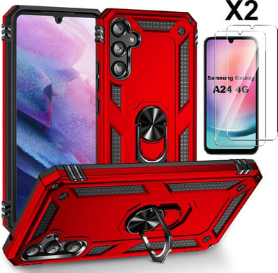 Hoesje Geschikt voor Samsung Galaxy A24 hoesje Rood Met Draaibare Ring Houder - Galaxy A24 Screenprotector - 2 stuks