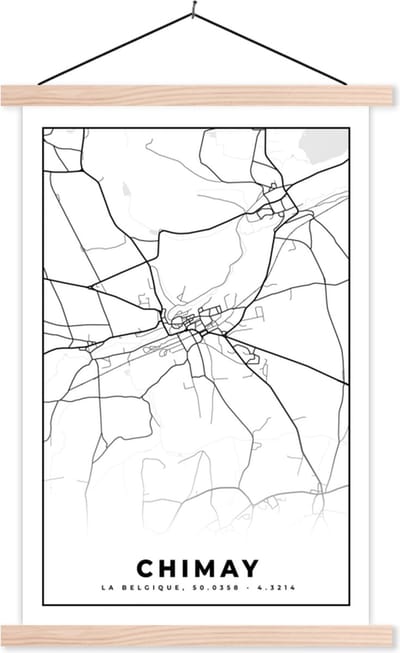 Posterhanger incl. Poster 40x60 cm - Schoolplaat - België – Chimay – Stadskaart – Kaart – Zwart Wit – Plattegrond - Textielposter - Blanke latten - Stadskaart