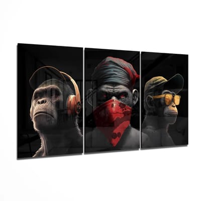 Glasschilderij - Drie apen - Wanddecoratie - Dieren - Zwart - 3x140x90 cm