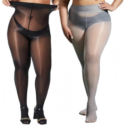 2 Paires Grande Taille Femme 150Kg Brillantes à l'Huile Collants Transparents Taille Haute Scintillants Nylon Soyeux Avec Pieds Collants de Danse Pour Tenue de Soirée M beige