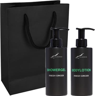 Douchepakket Fresh Ginger - Showergel + Bodylotion - 300 ml per fles - set van 2 stuks - met luxe gift tas - cadeau - giftset voor hem en haar