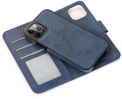 geschikt voor iPhone 15 Plus 2-in-1 Hoesje met Magnetische Backcover - Telefoonhoesje met vakjes voor pasjes - Inclusief polsbandje - Mobiq Magnetische 2-in-1 Wallet Case geschikt voor iPhone 15 Plus donkerblauw