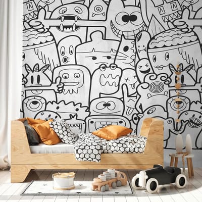Fotobehang Profhome 398261-GU vliesbehang hardvinyl warmdruk in reliëf glad met kinder patroon mat zwart wit 1,59 m x 2,8 m