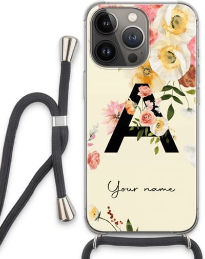 Gepersonaliseerd - Case Company® - Hoesje met koord geschikt voor iPhone 13 Pro hoesje met Koord - Flirty Flowers Monogram - Telefoonhoesje met Zwart Koord - Extra Bescherming aan alle Kanten en Over de Schermrand