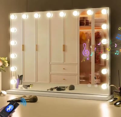 Grote make-upspiegel met verlichting en Bluetooth-luidsprekers, Dimbare LED-verlichting met 10-voudige vergroting, USB-poort