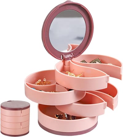 Rotatable Sieradenbox met 4 Niveaus, 360 Graden Draaiend, Draagbare Opbergdoos voor Ringen, Oorbellen en Kettingen, Perfect Cadeau voor Vrouwen en Meisjes (Rood)