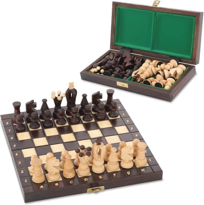Houten Schaakspel met Opvouwbaar Bord - 25 cm Reisschaak Set voor Kinderen en Volwassenen