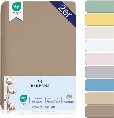 Barbons hoeslaken 70x140 - 60x120 hoeslakens ledikant Baby - 100% Katoen - Babybedje Taupe Set van 2