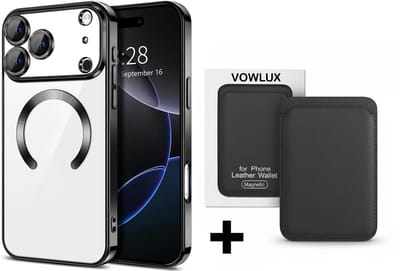 VOWLUX® Compatible iPhone 17 Air hoesje van schokbestendig siliconen met camera bescherming + Compatible MagSafe QuickWallet pasjeshouder – 24 magneten extra sterk – max 3 pasjes – kunstleer – zwart