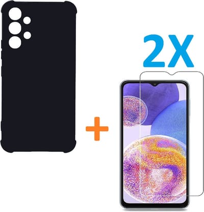 Anti-Shock silicone hoesje zwart met 2 Pack Tempered glas Screen Protector Geschikt voor: Samsung Galaxy A23