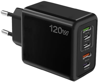 120W 5-Poorts Snellader - USB-C PD + QC3.0 - Multiport USB Adapter lader geschikt voor telefoons, tablets etc. - zwart