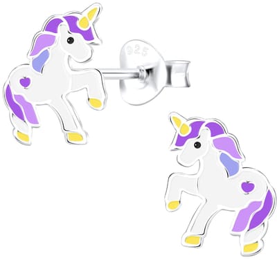 Joy|S - Zilveren pony eenhoorn oorbellen - paars wit unicorn oorknoppen - t20