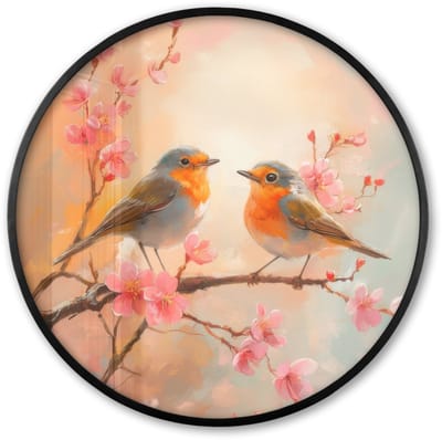 Poster in lijst Rond - Fotolijst 60x60 cm - Posters - Roodborstjes - Sierlijk - Bloesemtak - Ronde posterlijst zwart - Decoratie - Wanddecoratie woonkamer - Muurdecoratie slaapkamer