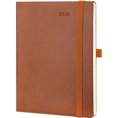 Famanu – Agenda 2026 22 x 16,5 cm voor 12 maanden met penhouder zachte kaft en elegant bruin design