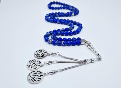 Handgemaakte tesbih "Tasbih" natuursteen " Lapis Lazuli" - Aantal kralen 99 - Diameter kralen 8MM - met metaal tassel "Tabarak Allah" - Een mooi cadeau-idee