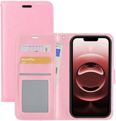 Hoesje - Met Pasjeshouder - Geschikt voor Apple iPhone 16e / 17e - Luxe Bookcase Portemonee - Flip Case - Kunstleer Book Case - Flipcase - Book Cover - Walletcase - Portemonneehoes - Lichtroze
