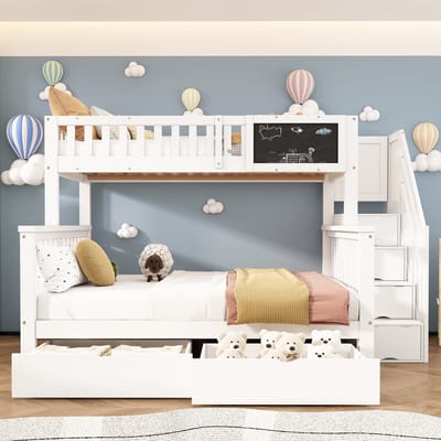 Stapelbed 90x200cm en 140x200cm - tweepersoonsbed - kinderbed - met schoolbord en lade - zonder matras - wit
