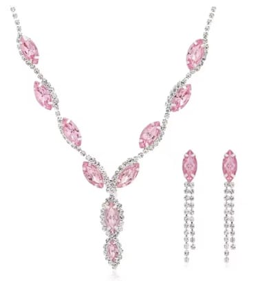 Set -Anila -roze - zilverkleur-ketting en oorbellen- trouwen- Charme Bijoux