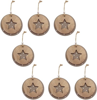 Dailygoods- Kersthangers Set van 8 - Houten Decoratieve Boomversiering - 3D-effect - Ø 9 cm - Jute Koord - Perfect voor Kerstdecoratie