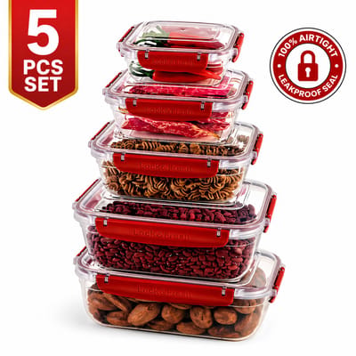 Soft Chef Lock & Fresh Vershoudbakjes Set – 5-delig – Rechthoekige Bewaardozen met Siliconen Seal – Luchtdicht & Lekvrij – BPA-vrij – Rood