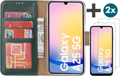 Hoesje met 2 Stuks Screenprotectors Geschikt voor Samsung Galaxy A25 – Arara bookcase met pasjeshouder - Groen