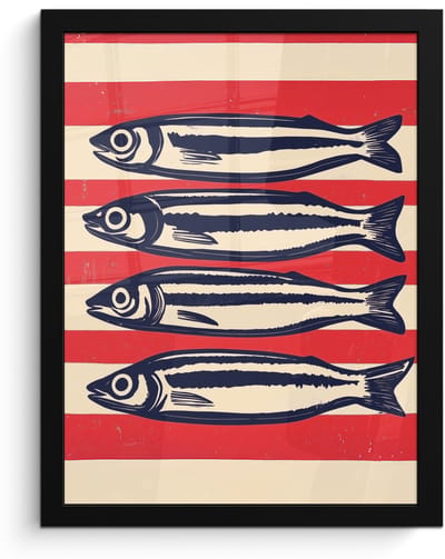 Poster in lijst - Fotolijst 30x40 cm - Posters - Sardines - Rood en beige strepen - Posterlijst zwart - Decoratie - Wanddecoratie woonkamer - Muurdecoratie slaapkamer