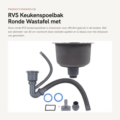 Dailygoods- Keukenspoelbak RVS 30cm - Ronde Wastafel - Afvoerpijp Fitting - Spatwaterdicht - Hoge Capaciteit - Voorkomt Spatten - Gootsteen