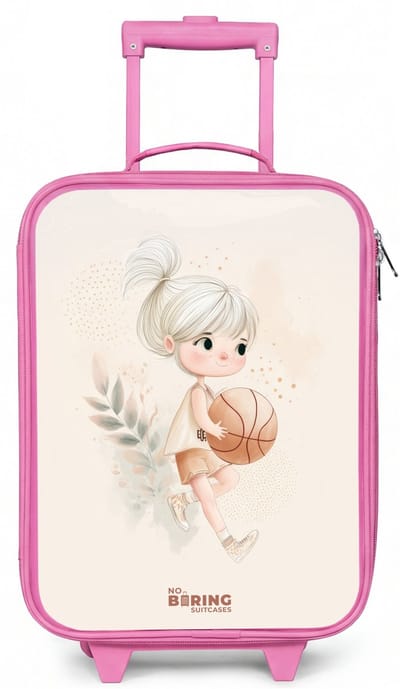 NoBoringSuitcases.com® - Kinderkoffer roze - Kindertrolley meisje - Meisje met een basketbal in neutrale kleuren. - Koffer kind lichtgewicht - Reiskoffer trolley voor kinderen - Koffertje met lichtgevende wieltjes - Rolkoffer