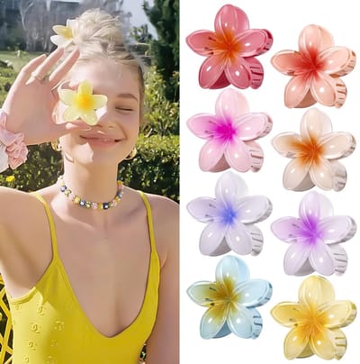 SnelShoppen - Flower Hair Claw Clips 8pcs - Grote Haarspelden voor Dikke en Dunne Haar - Hawaiian Flower Design - Haaraccessoires voor Vrouwen en Meis