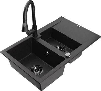 Mexen Gaspar granieten spoelbak 1,5-kamer met afdruiprek en keukenmengkraan Elia, zwart/zilver - 6507-73-670101-70-B