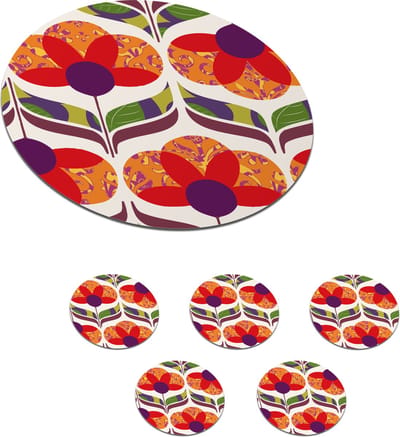 Onderzetters voor glazen - Rond - Retro - Flower Power - Vintage - Kleuren - 10x10 cm - Glasonderzetters - 6 stuks