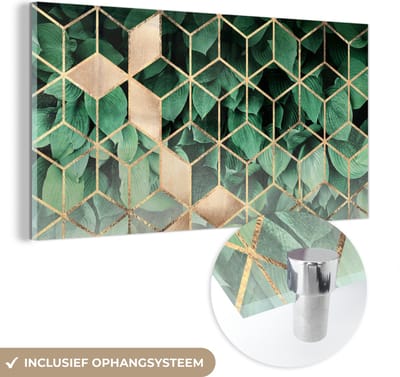 MuchoWow® Glasschilderij 40x20 cm - Schilderij acrylglas - Bladeren - Goud - Patronen - Kubus - Luxe - Foto op glas - Schilderijen