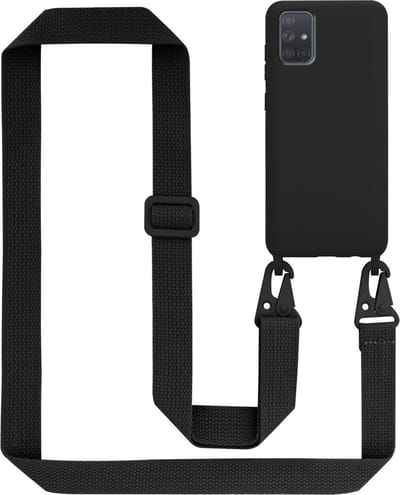 Cadorabo Mobiele telefoon ketting geschikt voor Samsung Galaxy A71 4G in LIQUID ZWART - Silicone beschermhoes met lengte verstelbare koord riem