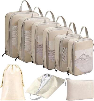 Multifunctionele Koffer Organizers - 9-delige Set Compressiezakken voor Kleding en Schoenen, Waterdichte Inpak Cubes voor Reizen en Rugzakken