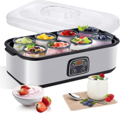 Yoghurtmaker - Yoghurt machine - Yoghurt maker - Yoghurt - Instelbare temperatuurregeling - Tijdregeling - Inclusief 8x60z glazen potjes - LCD-display - Constante temperatuurregeling - Zilver