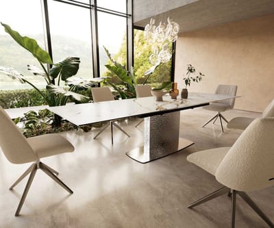 Eetkamertafel Edge keramiek Calacatta Luxe wit-goud-grijs 200-300x100 Wave RVS uitschuifbaar