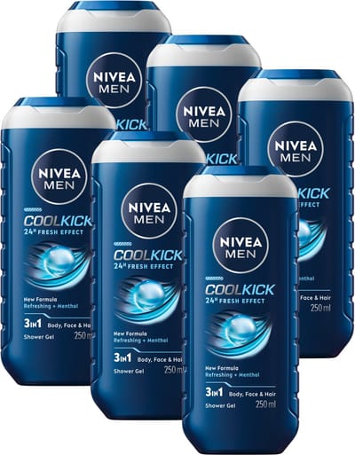 NIVEA MEN Cool Kick Douchegel Mannen - 3-in-1 Shower Gel met Verfrissende Menthol - Shampoo - Voordeelverpakking - 6 x 250 ml