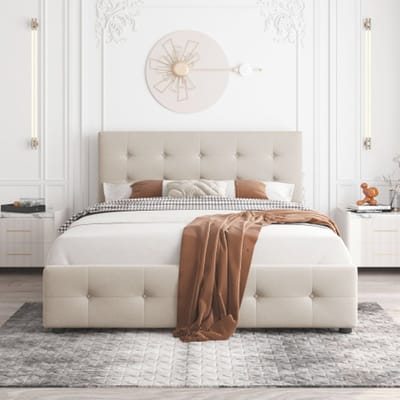 Gestoffeerd Bed 140x200 cm met 4 Opbergladen – Comfortabel Tweepersoonsbed – Zacht Velvet – Beige