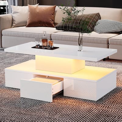 Pugsdrly Tweelaags salontafel met 16 kleuren LED-verlichting, glanzende salontafel, salontafel met open plank en 1 uitschuifbare lade, kleine rechthoekige salontafel, wit