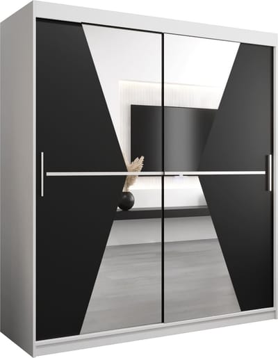 InspireMe - Kledingkast met 2 schuifdeuren, Modern-stijl, Een kledingkast met planken en een spiegel (BxHxD): 180x200x62 - TOTO 180 Wit Mat + Zwart