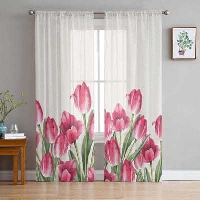 Lente Aquarel Bloem Tulp Tule Gordijnen Voor Woonkamer Slaapkamer Voile Transparant Gordijn Raam Huisdecoratie Gordijnen 135W x 114H(cm) white